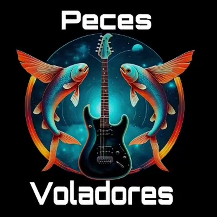 Logo de Peces Voladores con dos peces, una guitarra y un universo azul